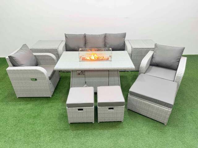 Rackhams PE Rattan Garden Furniture Set Reclining Chair Sofa Lounge Sofa Set Fire Pit Dining Table 2 Side Table 3 Stools Light Grey - image 1