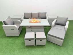 Rackhams PE Rattan Garden Furniture Set Reclining Chair Sofa Lounge Sofa Set Fire Pit Dining Table 2 Side Table 3 Stools Light Grey - thumbnail 1
