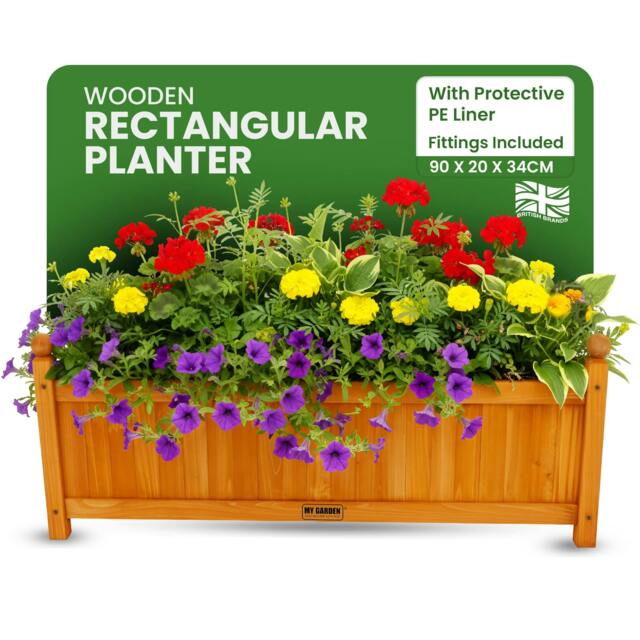 Rackhams My Garden Large Wooden Rectangular Planter with PE Liner - 90x20x34cm Weather Resistant Trough Planter for Outdoor Use - 90 x 20 x 34 cm
