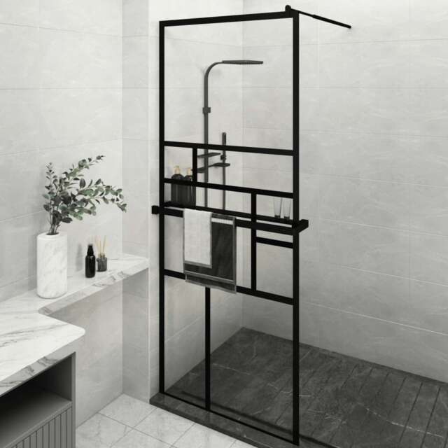 Rackhams Walk-in Shower Wall with Shelf Black 80x195 cm ESG Glass&Aluminium