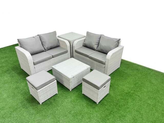 Rackhams 6 Seater Outdoor Love Sofa Set Rattan Garden Furniture Set with Square Coffee Table 2 Small Stools Side Table Light Grey - image 1
