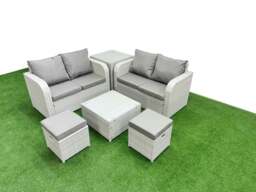 Rackhams 6 Seater Outdoor Love Sofa Set Rattan Garden Furniture Set with Square Coffee Table 2 Small Stools Side Table Light Grey - thumbnail 1