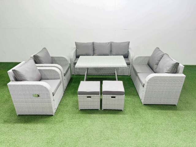 Rackhams PE Rattan Garden Furniture Set Outdoor Rectangular Dining Table Sofa Set with Reclining Chair 2 Small Stool Light Grey - image 1