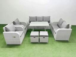 Rackhams PE Rattan Garden Furniture Set Outdoor Rectangular Dining Table Sofa Set with Reclining Chair 2 Small Stool Light Grey - thumbnail 1