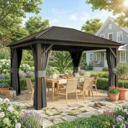 Rackhams 3.6 x 3(m) Metal Garden Hardtop Gazebo with Screened Curtain Dark Grey