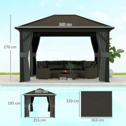 Rackhams 3.6 x 3(m) Metal Garden Hardtop Gazebo with Screened Curtain Dark Grey - thumbnail 4