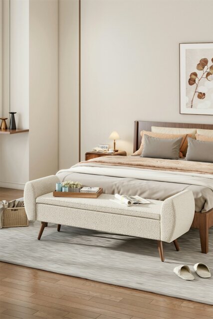 Rackhams Teddy Fur 2-Seat Upholstered Storage Bench with Side Arms and Walnut Colored Legs - Beige - image 1