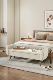 Rackhams Teddy Fur 2-Seat Upholstered Storage Bench with Side Arms and Walnut Colored Legs - Beige - thumbnail 1