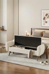 Rackhams Teddy Fur 2-Seat Upholstered Storage Bench with Side Arms and Walnut Colored Legs - Beige - thumbnail 2
