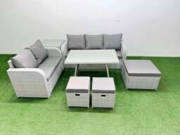 Rackhams Outdoor PE Rattan Garden Furniture Set Rectangular Dining Table Sofa Set with 3 Stool Side Table Light Grey - thumbnail 1