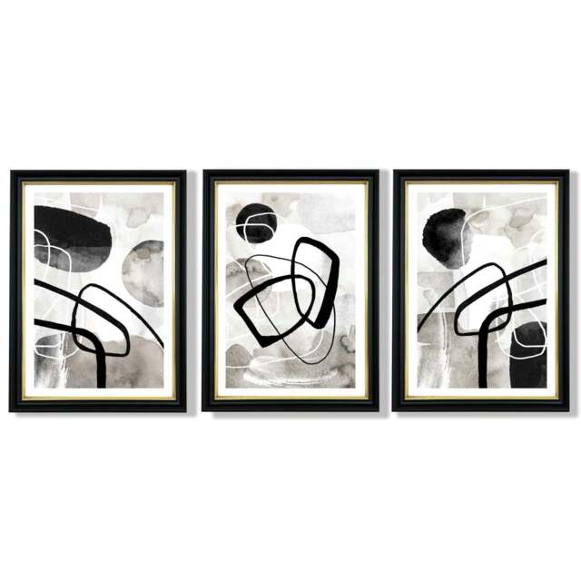 Rackhams Set of 3 Abstract Black Grey Watercolour Framed Wall Art - 59x84cm (A1) - Vermeer Gold