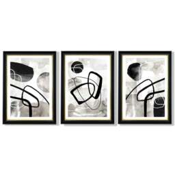 Rackhams Set of 3 Abstract Black Grey Watercolour Framed Wall Art - 59x84cm (A1) - Vermeer Gold - thumbnail 1