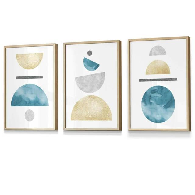 Rackhams Yellow and Aqua Blue Abstract Mid Century Geometric Set of 3 Framed Wall Art - 30x42cm (A3) - Oak