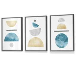 Rackhams Yellow and Aqua Blue Abstract Mid Century Geometric Set of 3 Framed Wall Art - 30x42cm (A3) - Oak - thumbnail 5