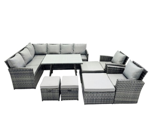 Rackhams 12 Seat Poly Rattan Outdoor Patio Oblong Dining Table Corner Sofa Set with 4 Stool 2 Chairs for Garden Backyard Dark Grey Mixed - image 1