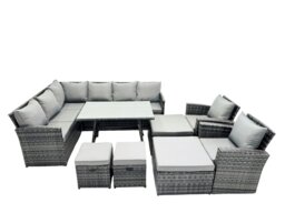 Rackhams 12 Seat Poly Rattan Outdoor Patio Oblong Dining Table Corner Sofa Set with 4 Stool 2 Chairs for Garden Backyard Dark Grey Mixed - thumbnail 1