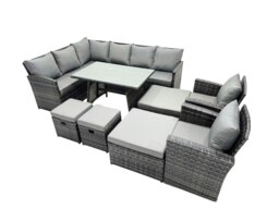 Rackhams 12 Seat Poly Rattan Outdoor Patio Oblong Dining Table Corner Sofa Set with 4 Stool 2 Chairs for Garden Backyard Dark Grey Mixed - thumbnail 2
