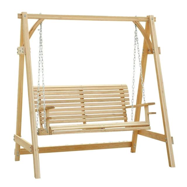 Rackhams 2 Seater Garden Swing Seat, Wooden Swing Chair Bench with Cup Holders for Outdoor Porch Patio, Natural - image 1