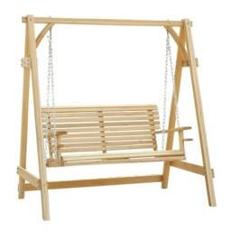 Rackhams 2 Seater Garden Swing Seat, Wooden Swing Chair Bench with Cup Holders for Outdoor Porch Patio, Natural - thumbnail 1
