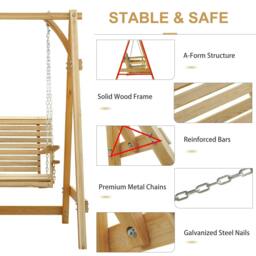 Rackhams 2 Seater Garden Swing Seat, Wooden Swing Chair Bench with Cup Holders for Outdoor Porch Patio, Natural - thumbnail 3