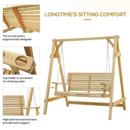 Rackhams 2 Seater Garden Swing Seat, Wooden Swing Chair Bench with Cup Holders for Outdoor Porch Patio, Natural - thumbnail 4