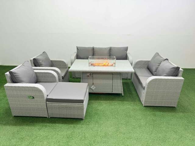 Rackhams PE Rattan Garden Furniture Set Reclining Chair Sofa Double Love Seat 2 Seater Sofa Lounge Set Fire Pit Dining Table Big Footstool Light Grey - image 1