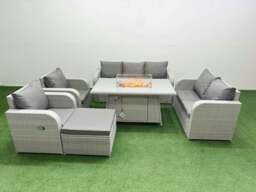 Rackhams PE Rattan Garden Furniture Set Reclining Chair Sofa Double Love Seat 2 Seater Sofa Lounge Set Fire Pit Dining Table Big Footstool Light Grey - thumbnail 1
