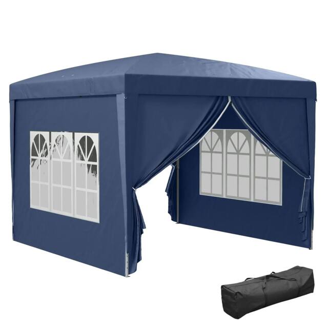 Rackhams 3 x 3 m Garden Pop Up Gazebo, Wedding Party Tent Marquee, Water Resistant Awning Canopy with Sidewalls, Windows, Carry Bag, Blue - image 1