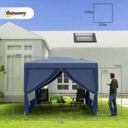 Rackhams 3 x 3 m Garden Pop Up Gazebo, Wedding Party Tent Marquee, Water Resistant Awning Canopy with Sidewalls, Windows, Carry Bag, Blue - thumbnail 3