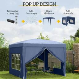 Rackhams 3 x 3 m Garden Pop Up Gazebo, Wedding Party Tent Marquee, Water Resistant Awning Canopy with Sidewalls, Windows, Carry Bag, Blue - thumbnail 4