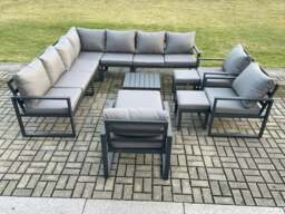 Rackhams 13 Seater Outdoor Garden Furniture Set Aluminium Lounge Corner Sofa Square Coffee Table 3 Pcs Chair Sets with 3 Footstools Dark Grey - thumbnail 2