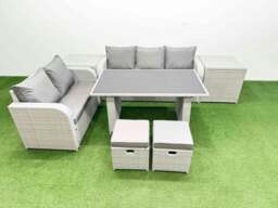 Rackhams Garden Furniture Set PE Ratten Garden Sofa Set with Rectangular Dining Table 2 Small Stools 2 Side Tables Light Grey