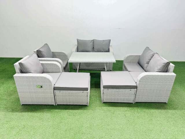 Rackhams 8 Seater Rattan Garden Furniture Set Outdoor Love Sofa Set with Rectangular Dining Table 2 Big Footstools Light Grey - image 1