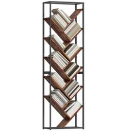 Rackhams 10 Tier Tree Bookshelf Industrial Tall Bookcase Rustic Brown Black - White and gold - thumbnail 2