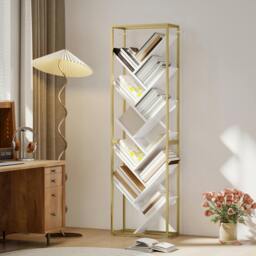 Rackhams 10 Tier Tree Bookshelf Industrial Tall Bookcase Rustic Brown Black - White and gold