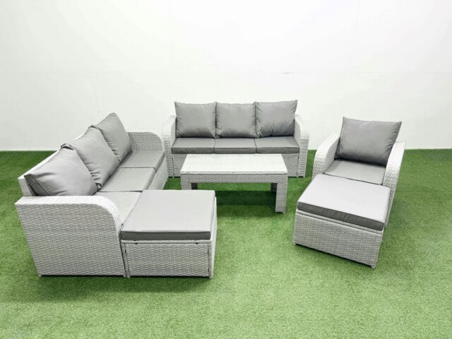 Rackhams 9-Seater Poly Rattan Garden Furniture Set - Light Grey Outdoor Patio Sofa with Oblong Coffee Table & 2 Big Footstools - image 1