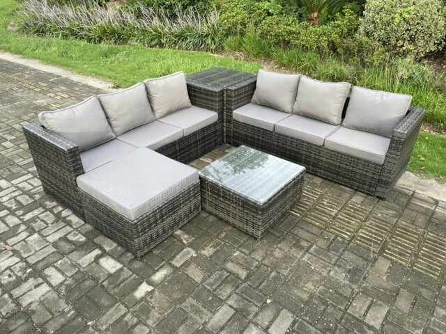 Rackhams 7 Seater Rattan Garden Furniture Sofa Set with Side Table Square Coffee Table Big Footstool Indoor Outdoor Rattan Set Dark Grey Mixed - image 1