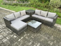 Rackhams 7 Seater Rattan Garden Furniture Sofa Set with Side Table Square Coffee Table Big Footstool Indoor Outdoor Rattan Set Dark Grey Mixed - thumbnail 1