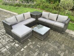 Rackhams 7 Seater Rattan Garden Furniture Sofa Set with Side Table Square Coffee Table Big Footstool Indoor Outdoor Rattan Set Dark Grey Mixed - thumbnail 2