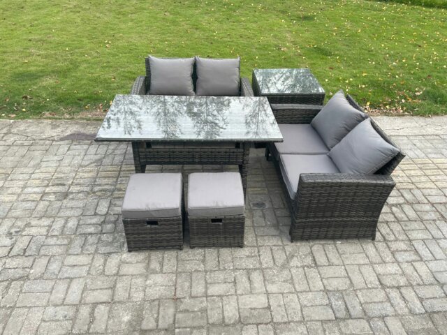 Rackhams PE Wicker Rattan Garden Furniture Set Love Sofa Outdoor Rectangular Dining Table 2 Small Footstool Side Table Dark Grey Mixed - image 1