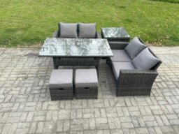 Rackhams PE Wicker Rattan Garden Furniture Set Love Sofa Outdoor Rectangular Dining Table 2 Small Footstool Side Table Dark Grey Mixed - thumbnail 1