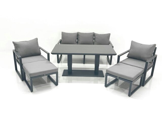 Rackhams Outdoor Aluminium Garden Furniture Set with Adjustable Rising Lifting Dining Table 3 Seater Sofa 2 Chair 2 Big Footstools Dark Grey - image 1