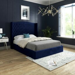 Rackhams Quanta Straight Winged Upholstered Soft Velvet Bed Frame - Grey - Blue - Small double - thumbnail 1