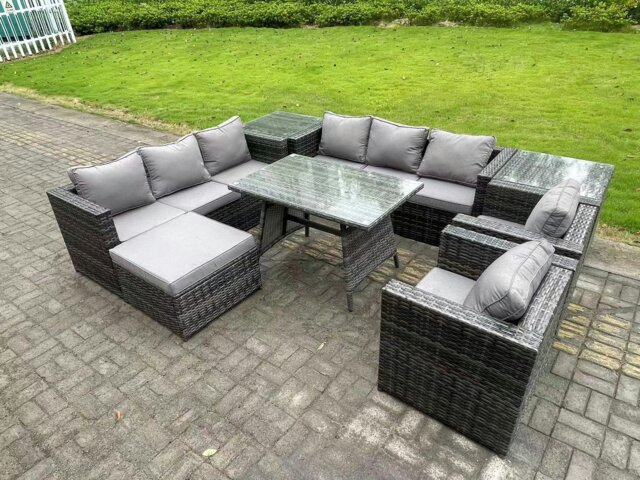 Rackhams Wicker Rattan Outdoor Furniture Lounge Sofa Garden Dining Set with Dining Table 2 Side Tables Big Footstool Armchairs 9 Seater Dark Grey Mixed - image 1
