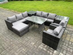 Rackhams Wicker Rattan Outdoor Furniture Lounge Sofa Garden Dining Set with Dining Table 2 Side Tables Big Footstool Armchairs 9 Seater Dark Grey Mixed - thumbnail 2