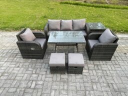 Rackhams Rattan Wicker Garden Furniture Set - Dark Grey Mixed Patio Sofa Set with Rectangular Dining Table & Reclining Chair - thumbnail 1
