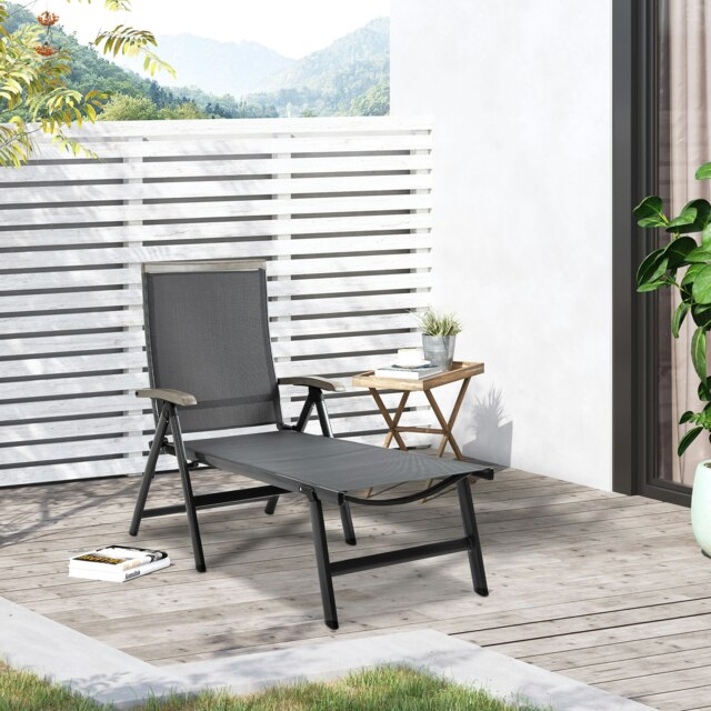 Rackhams Outdoor Folding Sun Lounger w/ Adjustable Backrest and Aluminium Grey - Grey - Aluminium, PP, Mesh - 69cm x 144cm x 111cm - image 1