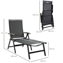 Rackhams Outdoor Folding Sun Lounger w/ Adjustable Backrest and Aluminium Grey - Grey - Aluminium, PP, Mesh - 69cm x 144cm x 111cm - thumbnail 5