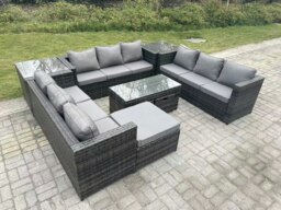 Rackhams 12 Seater Rattan Garden Furniture Set with 3 Sofas, Coffee Table, 3 Footstools and 2 Side Tables - Dark Grey - thumbnail 4
