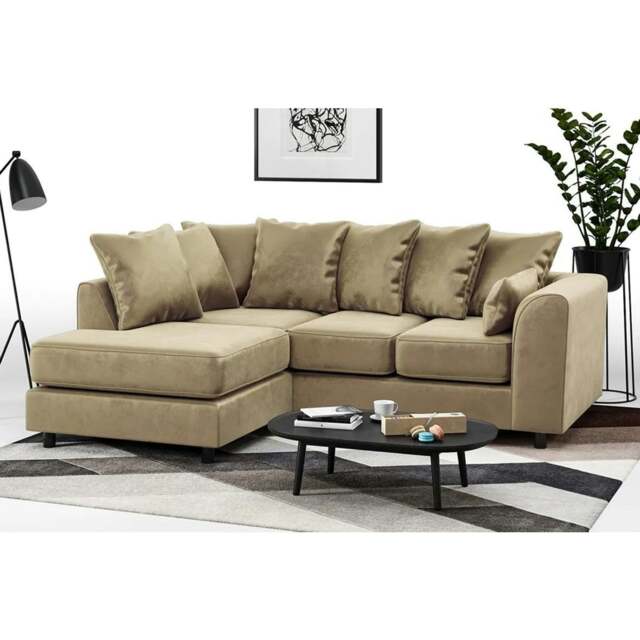 Rackhams Brooklyn Full Foam Plush Velvet Corner Sofa - Beige - Left Hand Facing - image 1